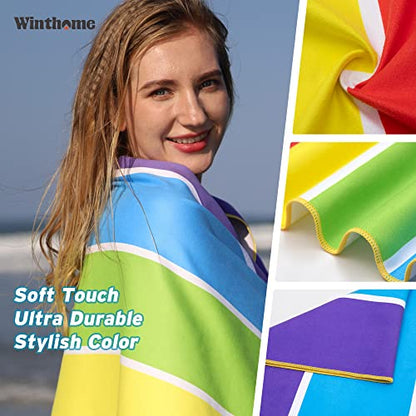 Winthome beach towel quick-drying - microfiber beach towel lightweight, sand-free large beach towel, versatile for women men travel vacation swimming camping, with bag (rainbow, 150x75cm, 1 pack)
