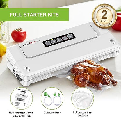 Bonsenkitchen vacuum sealer machine, food sealer for Sous Vide cooking. Keeps food fresh up to 8 times longer with dry and moist modes. Includes vacuum bags.