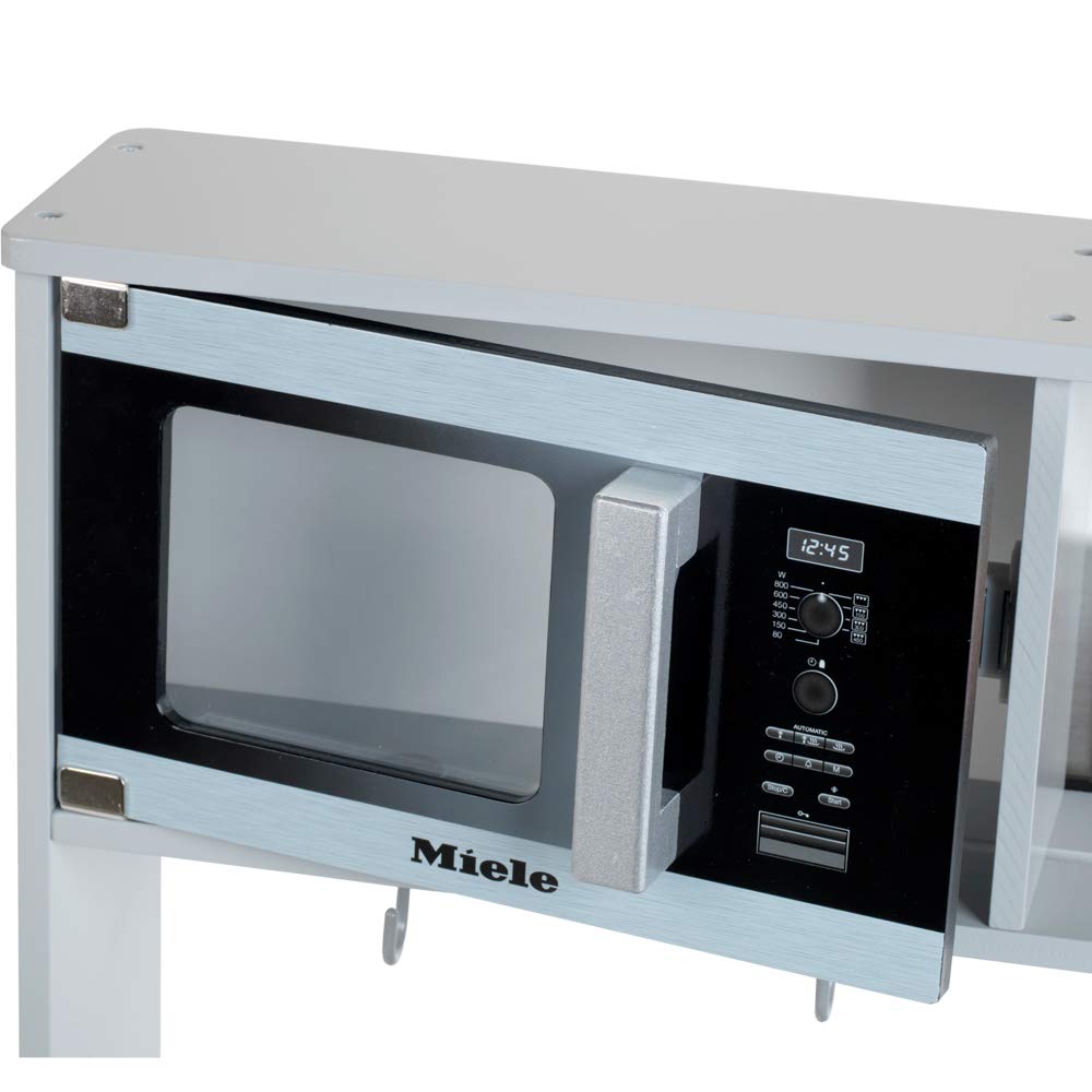 Theo Klein 7199 Miele Kitchen, White wooden kitchen including stove with sound and light, high-quality kitchen accessories made of stainless steel (not heatable) and wood, toy for children ages 3 and up.