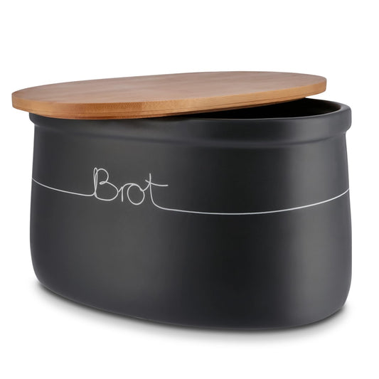 KHG Bread box large ceramic stoneware gray charcoal, wooden lid bamboo as cutting board, bread storage with matte & polished surface with labeling & ventilation holes