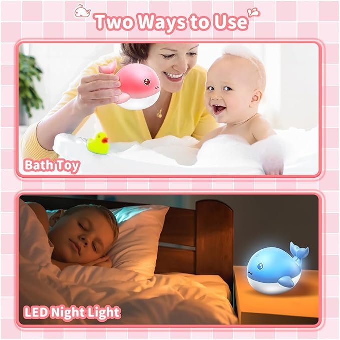 PHNIXGAM Baby Bathtub Toy, Rechargeable Light Up Whale Bath Toy Sprinkler Bath Pool Water Fountain Toy for Toddlers Kids, Pink