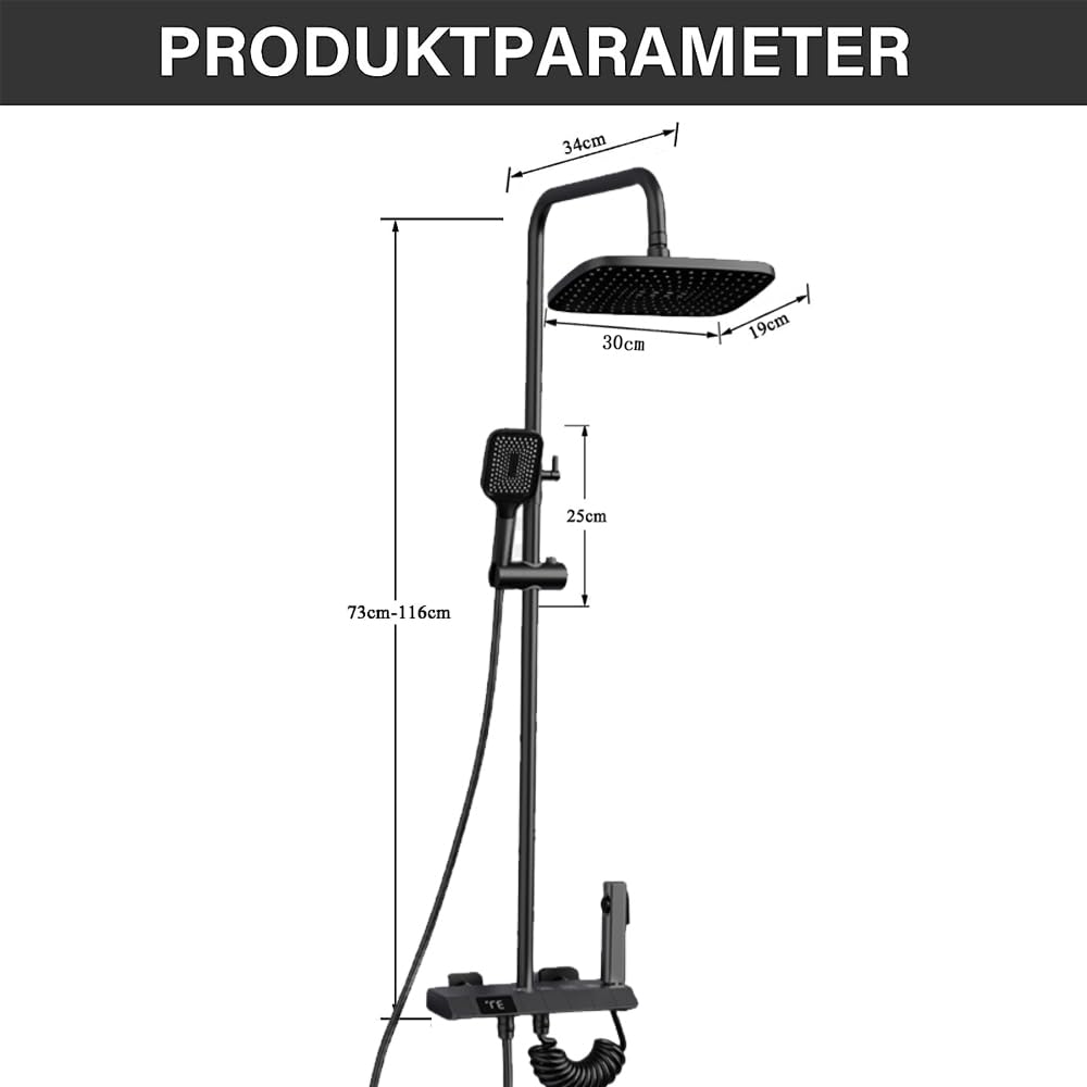Black shower system, stainless steel shower set with shower faucet, rain shower with faucet and 3 spray modes shower head 86-120cm shower column shower set, 30x19 cm rain shower head, LED display shower set.