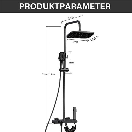 Black shower system, stainless steel shower set with shower faucet, rain shower with faucet and 3 spray modes shower head 86-120cm shower column shower set, 30x19 cm rain shower head, LED display shower set.