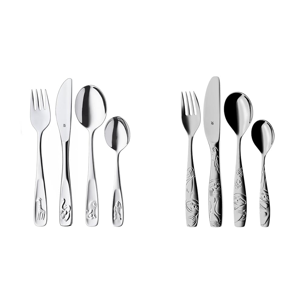 WMF Animal Kids' Cutlery Set 4-piece & Sloth Kids' Cutlery Set 4-piece, kids' cutlery stainless steel, suitable for children age 3 and up, polished Cromargan, dishwasher safe
