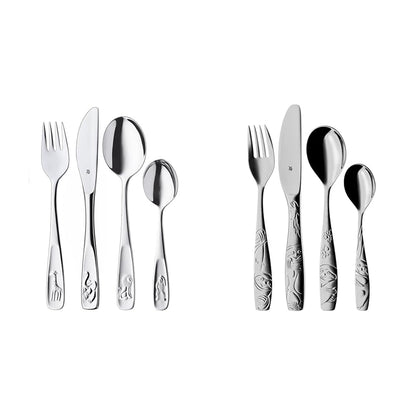 WMF Animal Kids' Cutlery Set 4-piece & Sloth Kids' Cutlery Set 4-piece, kids' cutlery stainless steel, suitable for children age 3 and up, polished Cromargan, dishwasher safe