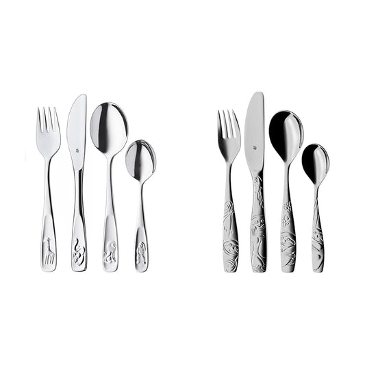 WMF Animal Kids' Cutlery Set 4-piece & Sloth Kids' Cutlery Set 4-piece, kids' cutlery stainless steel, suitable for children age 3 and up, polished Cromargan, dishwasher safe