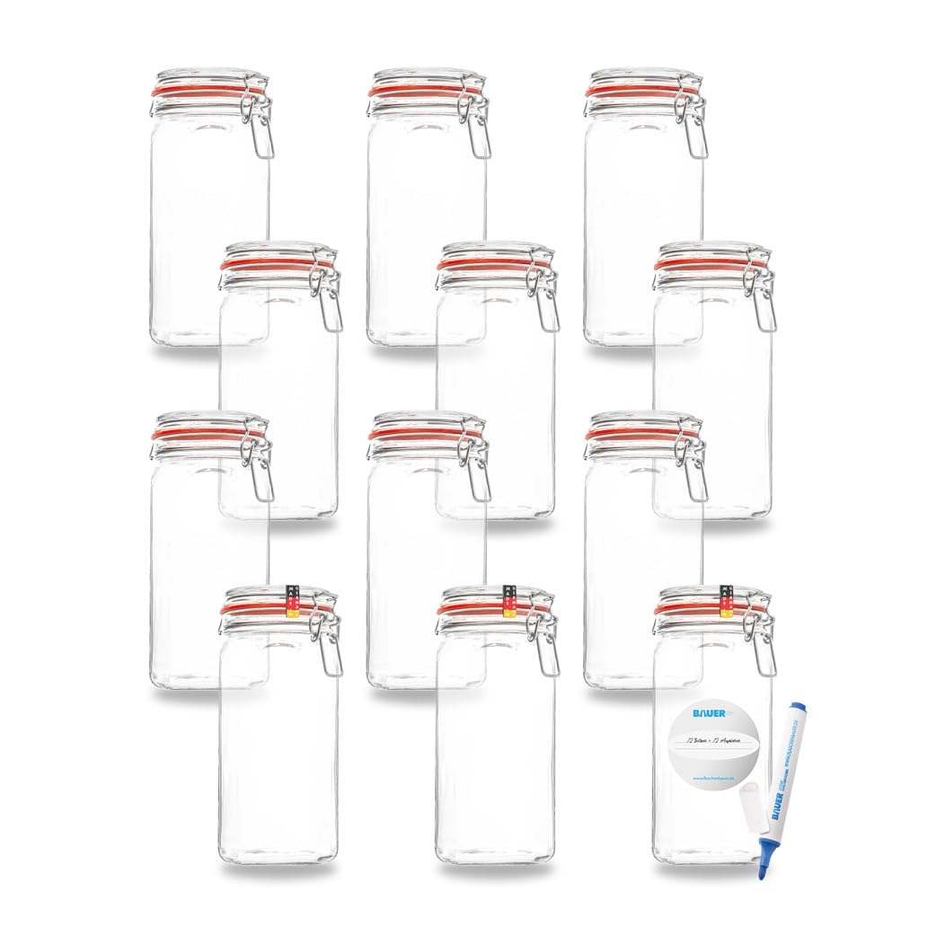 Bottle maker - 12-piece set wire bail jars 1550ml, usable as canning and fermenting jars, for storage, jars for filling, including labels, jars with wire bail - Made in Germany.