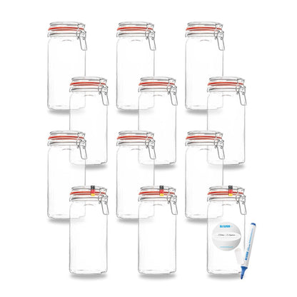 Bottle maker - 12-piece set wire bail jars 1550ml, usable as canning and fermenting jars, for storage, jars for filling, including labels, jars with wire bail - Made in Germany.