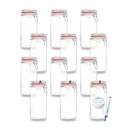 Bottle maker - 12-piece set wire bail jars 1550ml, usable as canning and fermenting jars, for storage, jars for filling, including labels, jars with wire bail - Made in Germany.