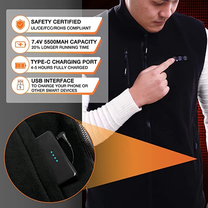 ARRIS Heated Vest for Men, Electric Fleece Heating Vest with 7.4V Battery for Outdoor Camping Hiking Hunting Skiing Adjustable Size