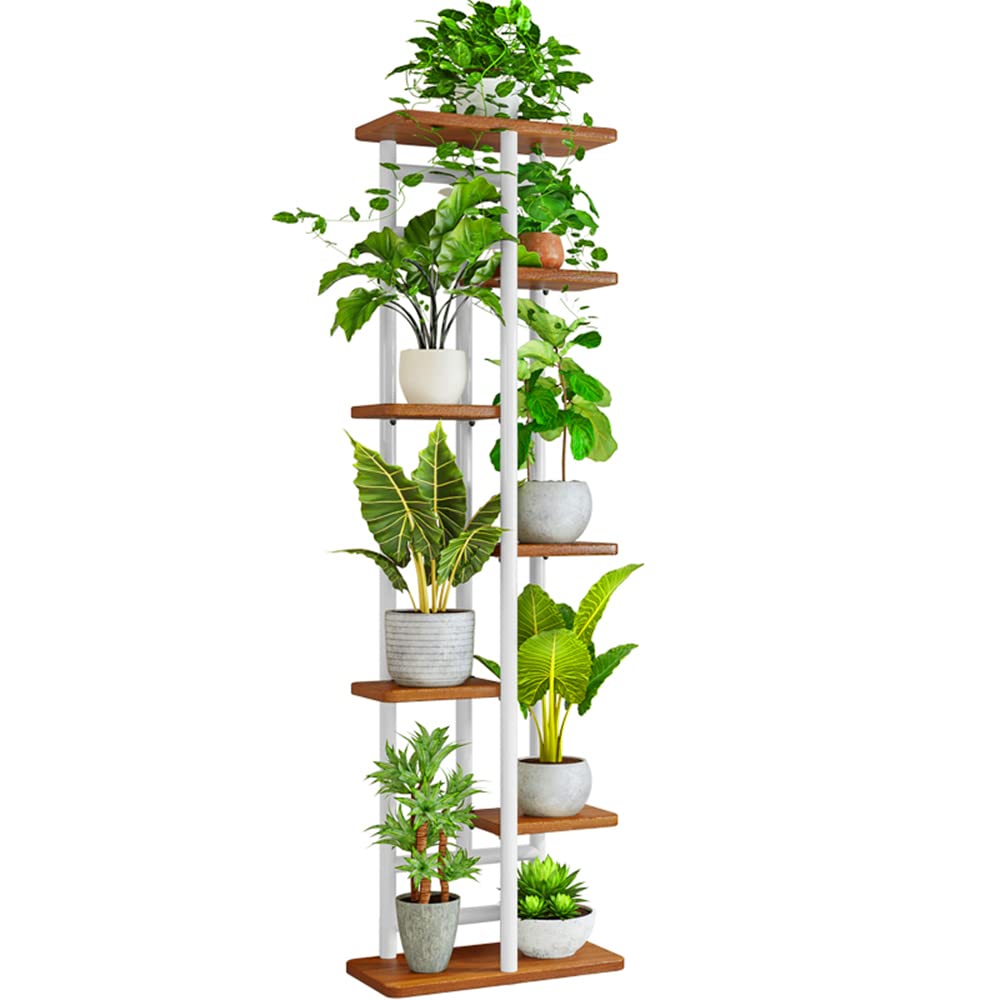QLFJ-FurDec 7-Tier Plant Stand Holder Indoor, Wood and Metal Standing Flower Pot Shelf, 7-Tier 8-Pot Multi Flower Pot Holder for Balcony Garden Windowsill Corner (8 Pots, White)