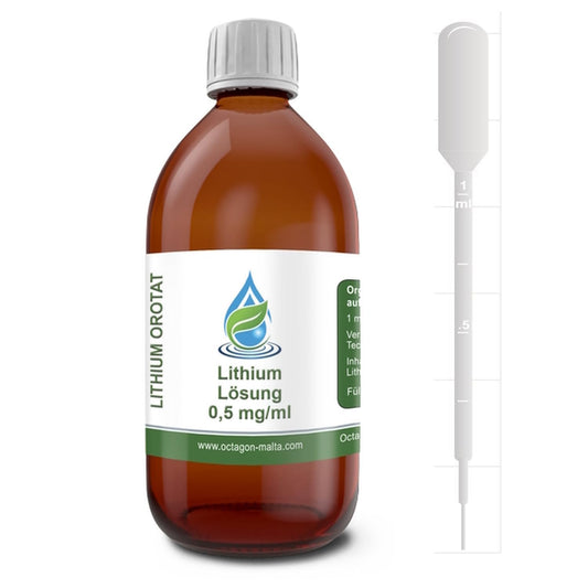 Lithium Orotate Solution 200 ml - 0.5 mg Lithium per 1 ml - High-purity Lithium Orotate >99% - 500 ppm Elemental Lithium - Laboratory glass bottle with precision pipette - Made in Germany