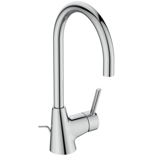 Ideal Standard BC195AA Ceraline basin mixer tap with pop-up waste, high spout, 360° swivel spout, bathroom faucet, basin mixer tap, water-saving, chrome