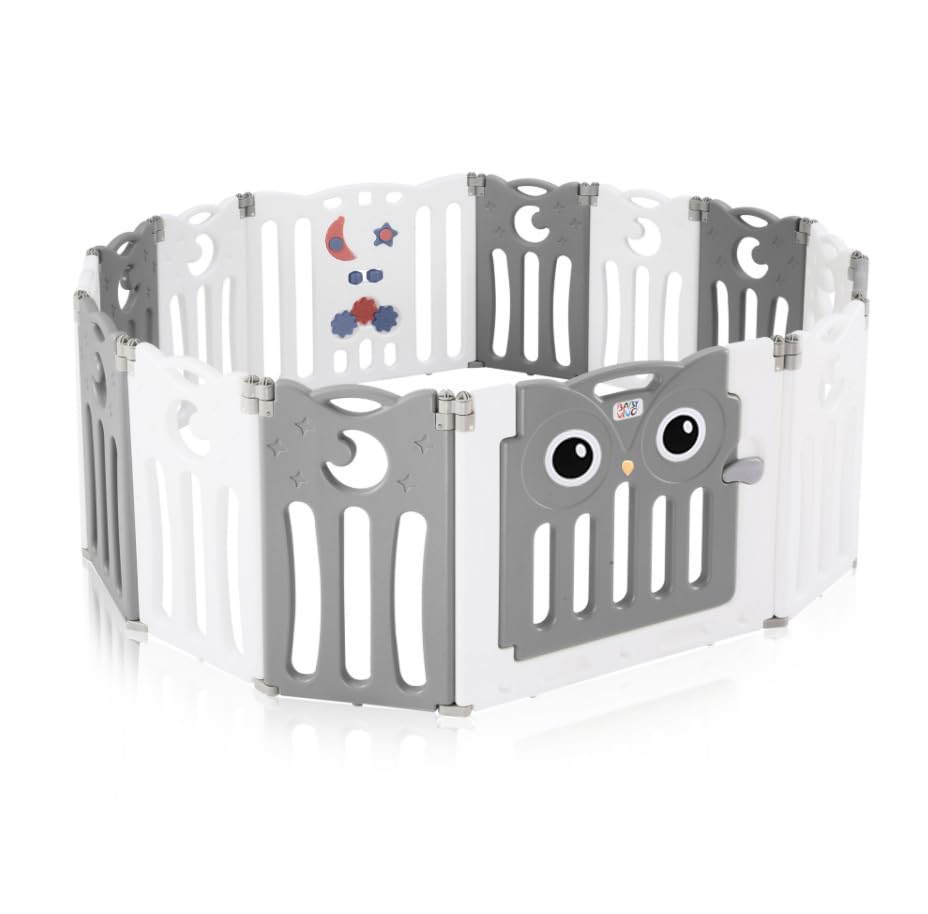 Baby Vivo Playpen Folding Playard Baby Safety Gate Playpen Fence Playpen for Kids made of plastic with door and toys 14 elements in grey - Owl