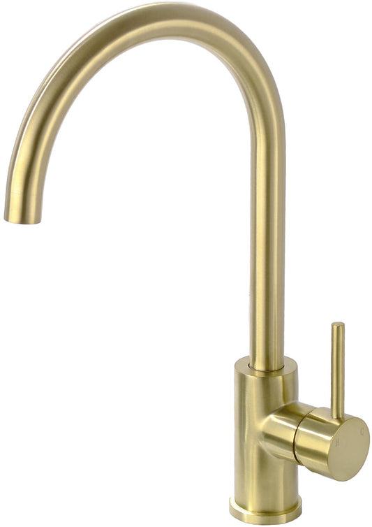 TRUSTMI Brass Faucet Single Handle High Arc Kitchen Sink Faucet Swivel C-Spout, Brushed Gold