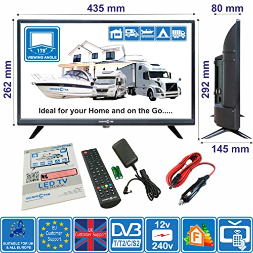 Unispectra® 19-inch HD LED TV Small 230v (Volt) 12v DVBT2 and SAT receiver, USB media player, HDMI. 12V TV for motorhomes, caravans, camping, campers, trucks, boats, kitchen.