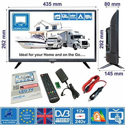 Unispectra® 19-inch HD LED TV Small 230v (Volt) 12v DVBT2 and SAT receiver, USB media player, HDMI. 12V TV for motorhomes, caravans, camping, campers, trucks, boats, kitchen.