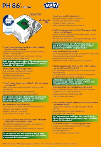 Swirl PH 86 EcoPor vacuum cleaner bags (10 bags), tear-resistant dust bags for some Philips, AEG, Electrolux & Volta vacuum cleaners, in environmentally friendly outer packaging, 99.9% filtration of household dust.