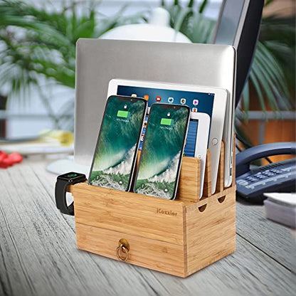 iCozzier 4 Slot Detachable Bamboo Watch Stand With Drawer Charging Station for Multiple Devices Dock for iWatch, Smartphones, Tablets, Laptops
