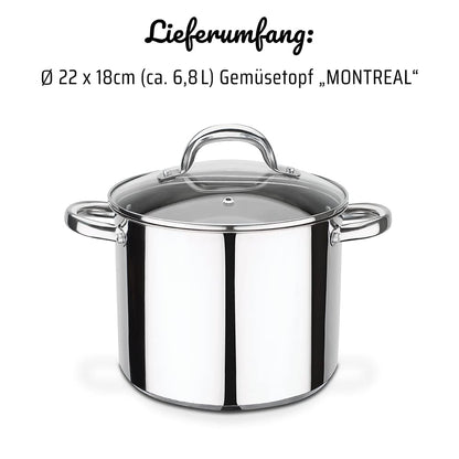 GSW 990196 Montreal Vegetable Pot with Glass Lid 22cm / approx. 6.8 liters, stainless steel, silver, 22 cm, 2