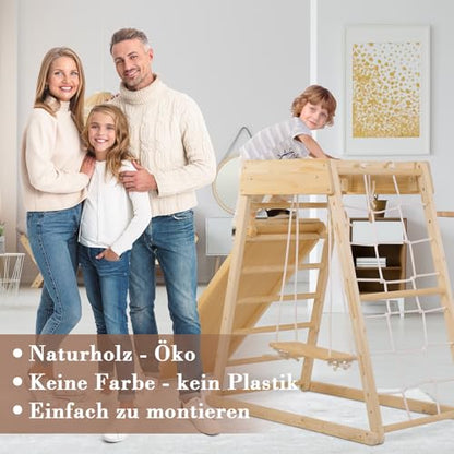 Indoor climbing frame for toddlers made of high-quality pine wood. Features a 7-in-1 set with climbing frame, triangular climbing ramp, slide, swing, rope ladder, rock wall, and dome.