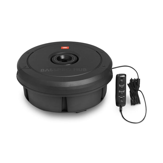JBL BassPro Hub 11" Spare Tire Active Subwoofer Set - 300 Watt car subwoofer with built-in amplifier and fiberglass woofer for spare tire hub, Black