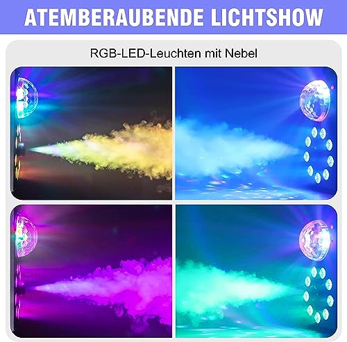 700W fog machine with disco ball, LED lights, and remote control. Colorful sprays perfect for Halloween, Christmas, parties, and stage performances.