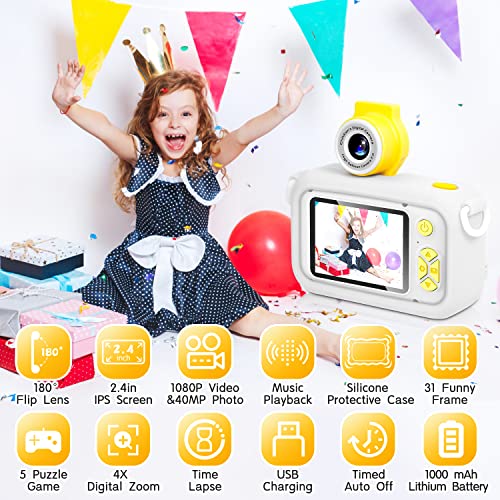 Kids Camera, ARNSSIEN 180° Flip Lens Camera for Kids, 2.4in IPS LCD Digital Camera with Silicone Case, Child Selfie Camera for 3-10 year-old Girls and Boys. Great Christmas or Birthday Gift Toddlers Toy.