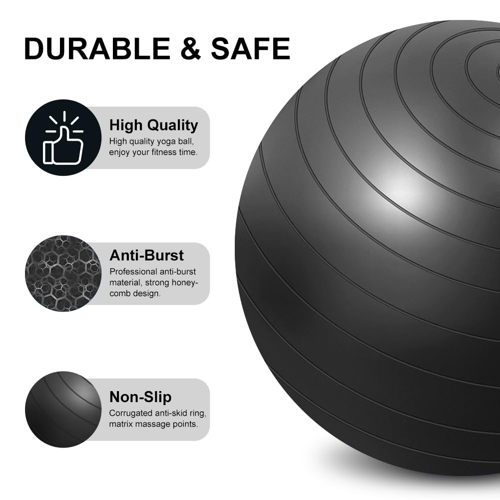 Flintonic exercise ball, 65cm ultra thick anti-explosion yoga ball with inflatable foot pump, durable max capacity fitness ball for sports, fitness, yoga, pilates (black).