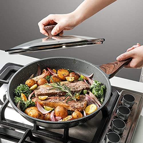 Sensarte skillet, non-stick coating, Swiss granite coating, omelette pan, healthy stone cookware, PFOA-free, 8", 11", 13" + glass lid + turner