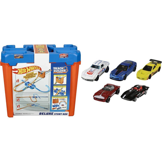 Hot Wheels Track Builder Mega Stunt Box & 01806 5-Pack 1:64 Die-Cast Vehicles Gift Set, 5 toy cars, random selection, for ages 3+