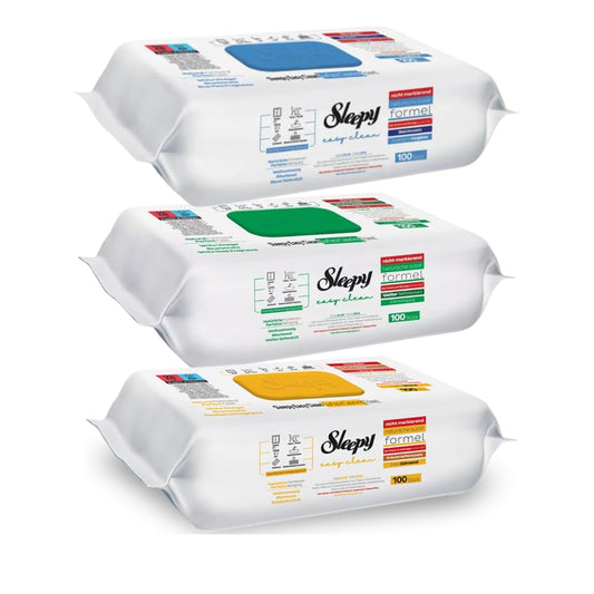 300x Sleepy cleaning wipes with bleach additive - Extra strong against stains - Green, Blue, and Yellow surface cleaning set - perfect for floors, kitchen, bathroom, and quick shine on smooth surfaces.
