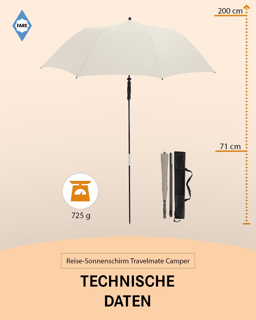 FARE Travel Sun Umbrella Travelmate Camper - Lightweight & Compact, UV Protection UPF50+, Ideal for Travel, Beach, Outdoor & Camping - Can also be used as a umbrella