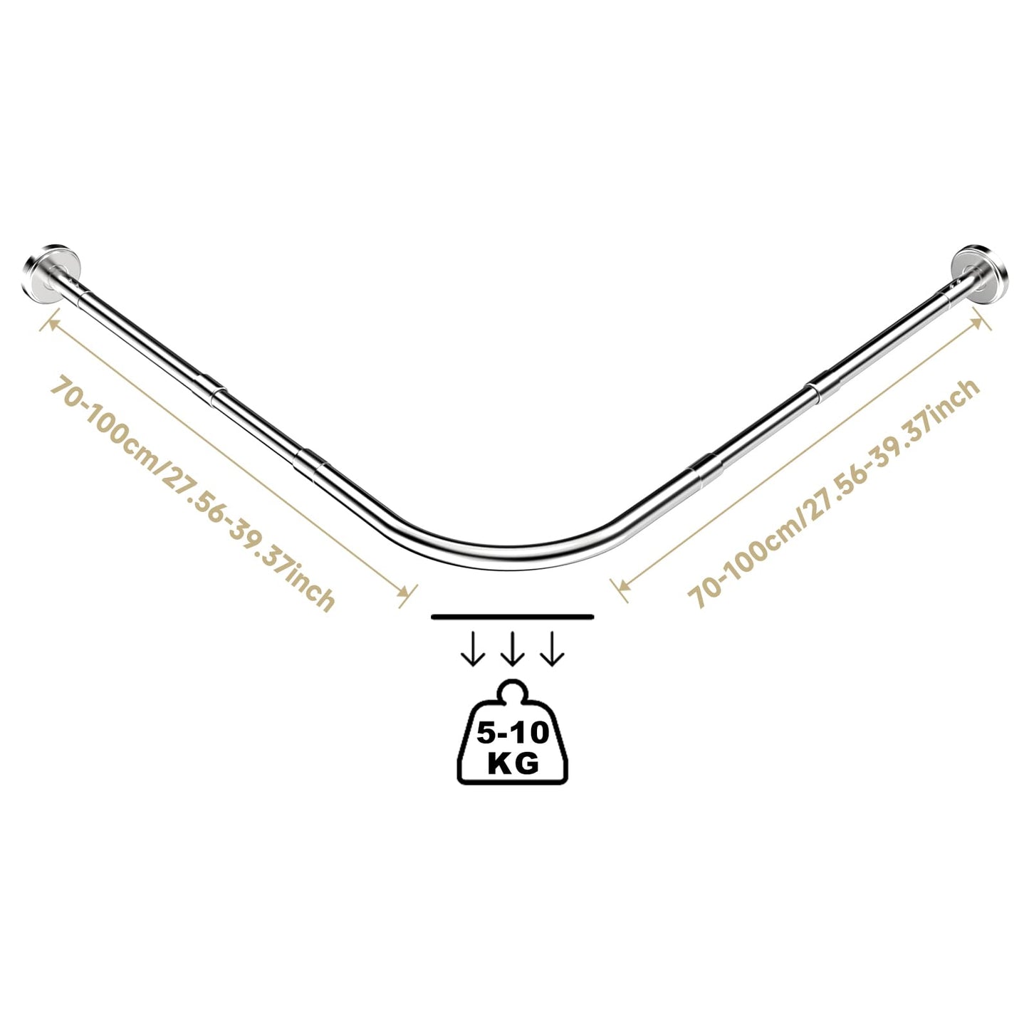 Shower curtain rod L shape Drill Required Shower curtain angle rods 70-100x70-100cm Expandable stainless steel shower curtain rods with 24 rings, shower rod corner for bathroom, bathtub, dressing room.