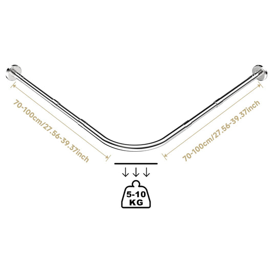 Shower curtain rod L shape Drill Required Shower curtain angle rods 70-100x70-100cm Expandable stainless steel shower curtain rods with 24 rings, shower rod corner for bathroom, bathtub, dressing room.