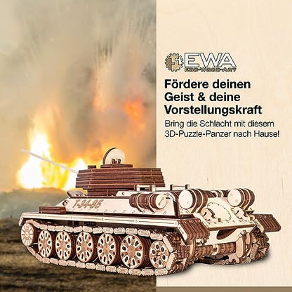 EWA Eco-Wood-Art 3D Puzzle for Adults 3D wooden puzzle with rubber band motor, wheels, and rotating cannon 965 pieces DIY wooden tank model kit T-34-85 for adults and teenagers 14+