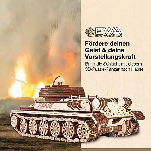 EWA Eco-Wood-Art 3D Puzzle for Adults 3D wooden puzzle with rubber band motor, wheels, and rotating cannon 965 pieces DIY wooden tank model kit T-34-85 for adults and teenagers 14+