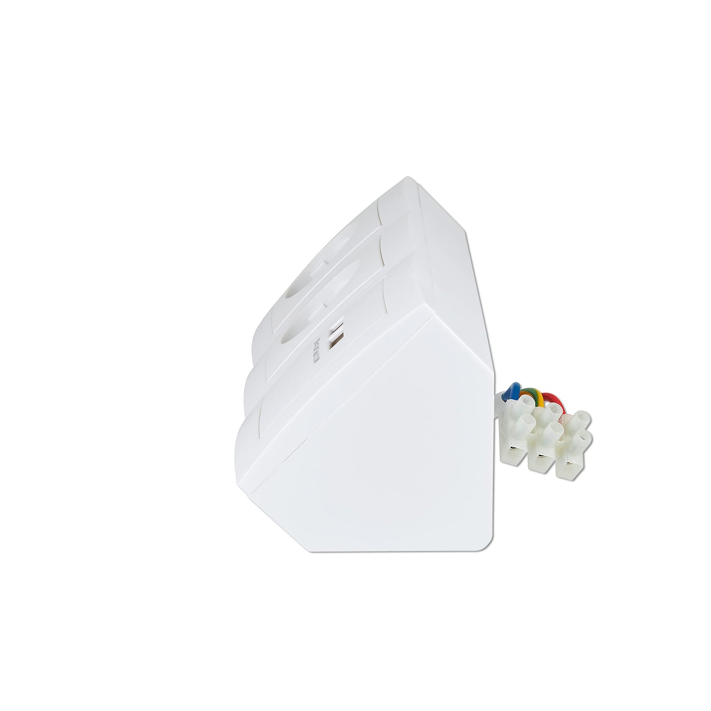 Corner socket surface mount, 3 outlets Schuko + USB-A + USB-C, 15 cm connection cable and terminal block for kitchen counter, office, workshop, 250V~/16A, white