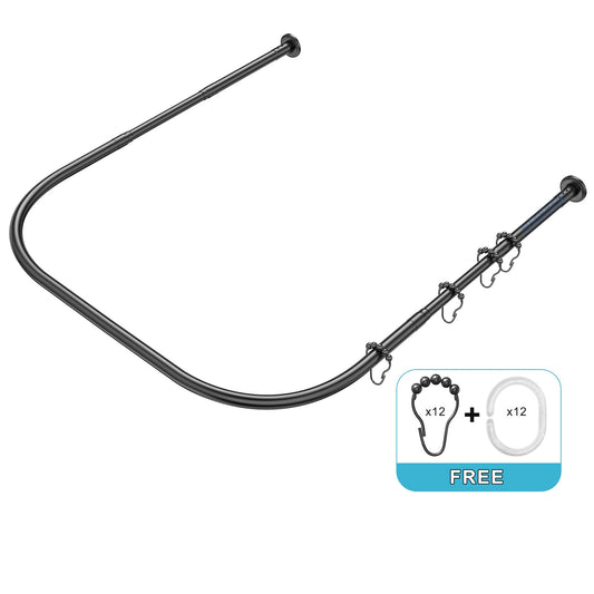 Misounda shower curtain rods U-shaped without drilling, corner shower rod made of stainless steel telescopic (70-100) x 80 x (70-100) cm with 24 shower rings, for wardrobe bathroom dressing room - Black