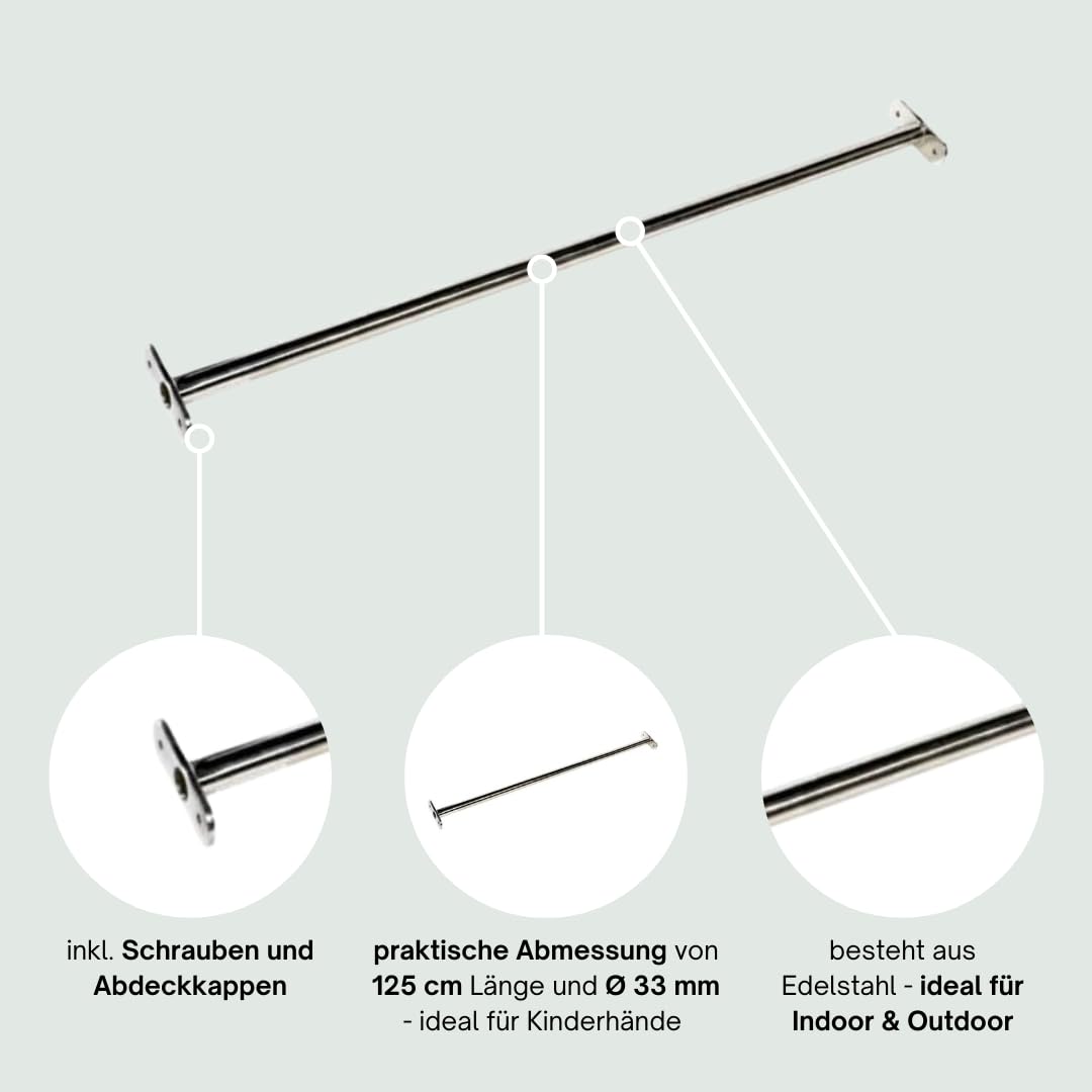 h2i Monkey bar for kids | Length 125 cm | Stainless steel bar | for garden & kids' room | Pull-up bar for outdoor & indoor | Stainless steel bar for gymnastics