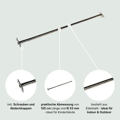 h2i Monkey bar for kids | Length 125 cm | Stainless steel bar | for garden & kids' room | Pull-up bar for outdoor & indoor | Stainless steel bar for gymnastics