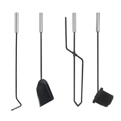 UISEBRT Fireplace Tool Set Black - Modern Stainless Steel 5-piece fireplace tool set: stainless steel stand with windshield, broom, tongs, poker, ash shovel (Black)