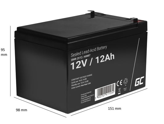 Green Cell AGM 12V 12Ah battery VRLA lead-acid battery replacement battery gel battery battery cyclically resistant unmanned toy, electric toy, alarm, emergency power, children's vehicles, children's quad, black