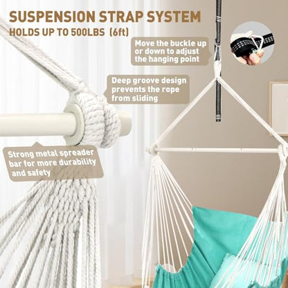 Chihee Hanging Chair Swing 2 Pillows Included, Durable Spreader Bar Cotton Fabric Hanging Chair Side Pocket Large Tassel Chair Set Footrest Support Leg Foot Comfortable