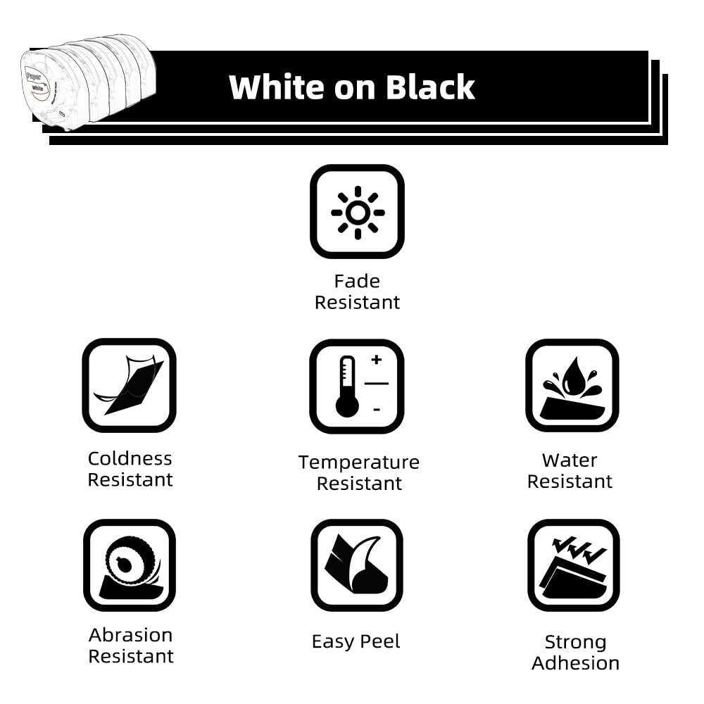 Phomemo P12/P12 Pro/LT12 label tape compatible with Dymo label tape 12mm x 4m, thermal transfer labels white on black Q5-335 durable heat-resistant compatible with Dymo LetraTag LT-100H LT-100T