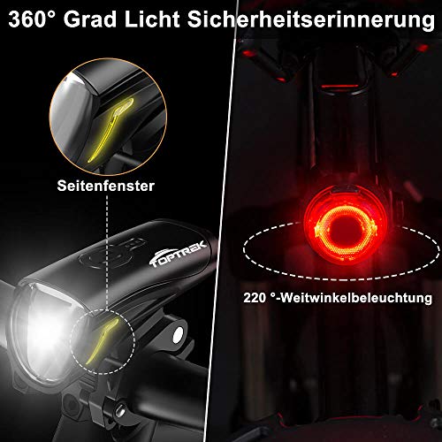 Toptrek bike light set 70/30Lux light modes LED bike light IPX5 waterproof bike lamp USB rechargeable bike light includes front light and rear light.
