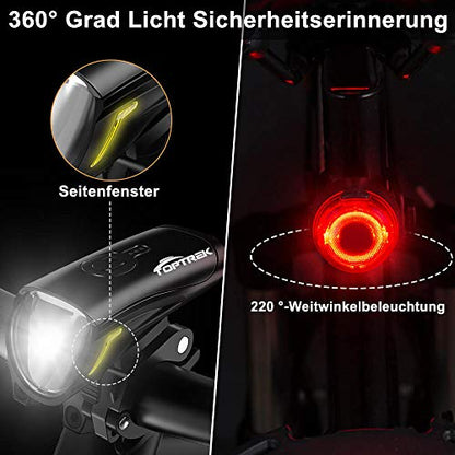 Toptrek bike light set 70/30Lux light modes LED bike light IPX5 waterproof bike lamp USB rechargeable bike light includes front light and rear light.