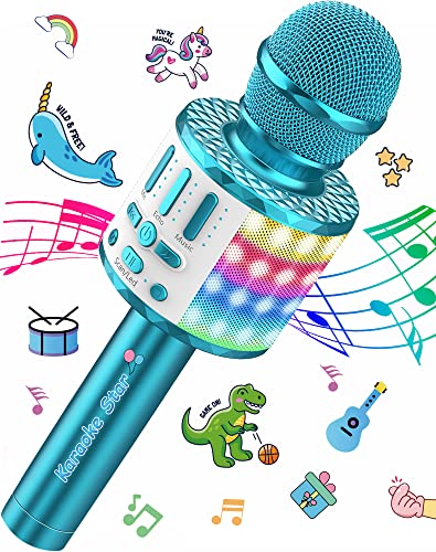 Microphone Karaoke 3-15 years, Portable Bluetooth handheld microphone with LED light, Bluetooth karaoke for kids and adults, girls boys gifts, Home KTV compatible Android IOS PC - Blu