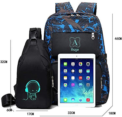 Asge school backpack for boys and girls - Waterproof backpack for teenagers, reflective, large, for school and outdoor camping, including shoulder bags set.