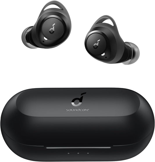 Soundcore A1 in-ear sport Bluetooth headphones, wireless earbuds with personalized sound, 35h playback, wireless charging, USB-C charging, IPX7 water protection, button control.